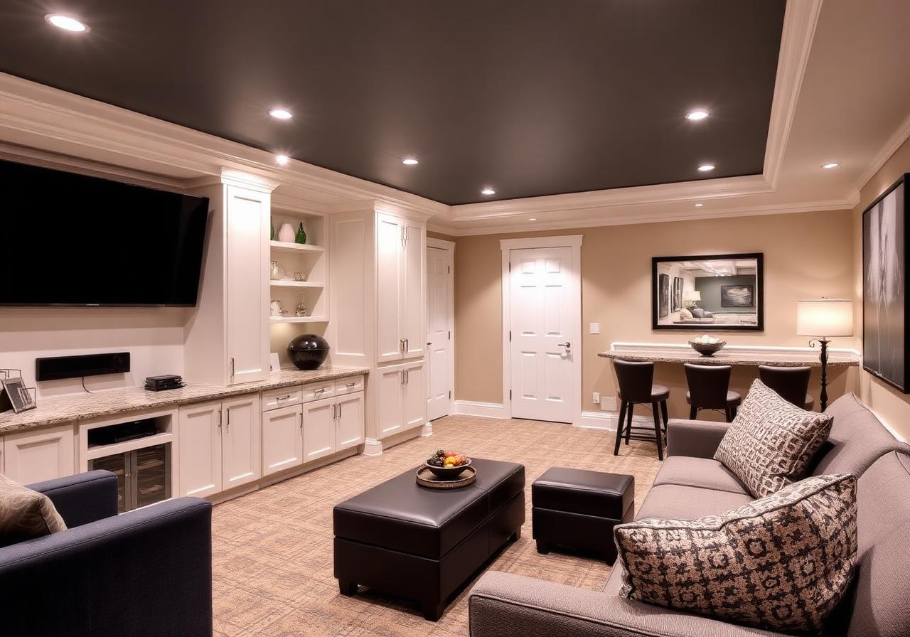 Finished basement lounge with built-in cabinetry, a wet bar, and warm recessed lighting after a lower-level conversion.