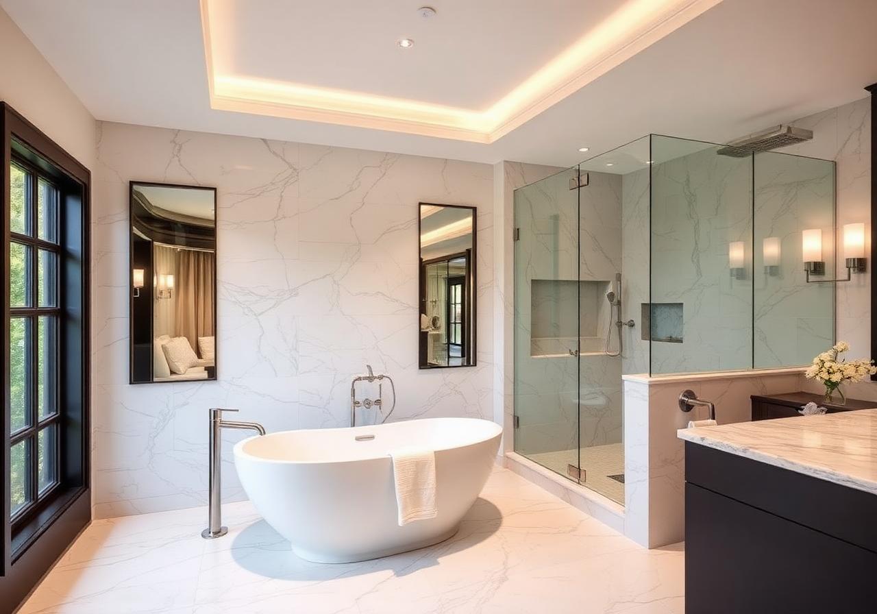 Spa-inspired master bathroom remodel with marble tile, a freestanding soaking tub, and a frameless glass walk-in shower.