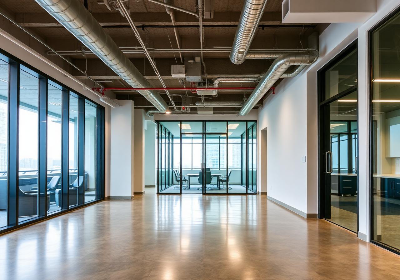 Modern commercial office build-out with polished concrete floors, exposed ceiling mechanicals, and a glass-walled conference room.