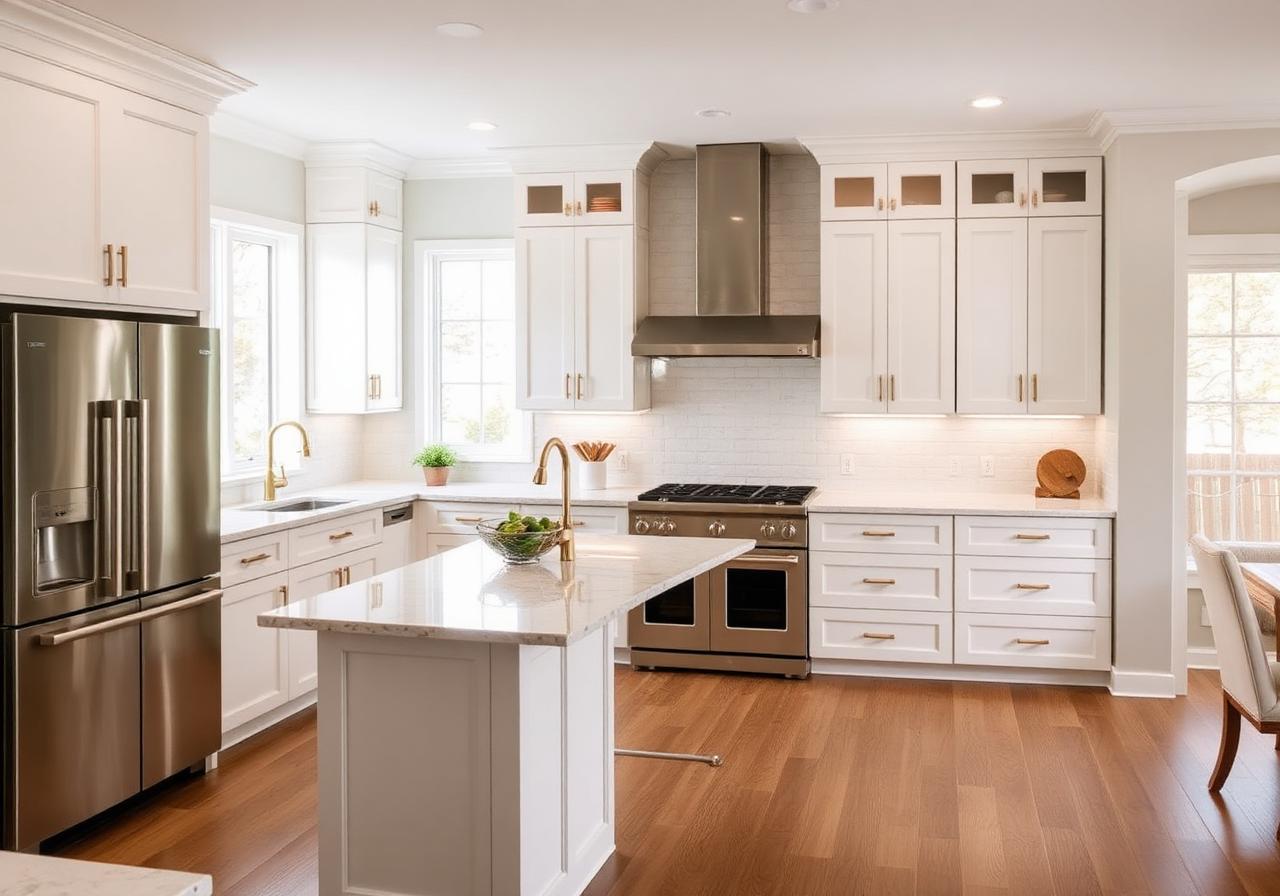 Modern white kitchen remodel with shaker cabinets, a quartz waterfall island, and brass pendant lighting in a single-family home.
